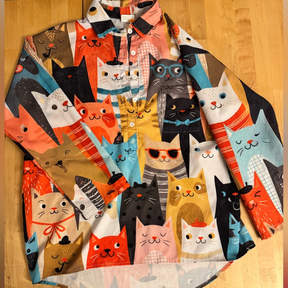 Colorful Cat Print Button-Up Shirt